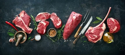 Raw Meat Cuts And Spices On Dark Background Banner