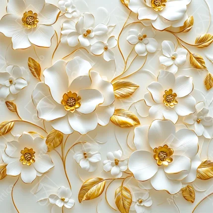 Exquisite 3D Sculpted White Flowers And Golden Leaves