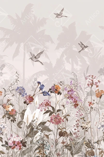 Articoo - Vintage Tropical Wildflower Garden With Hummingbirds Wallpaper - 784473