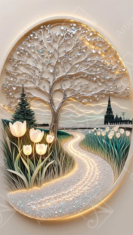 Articoo - Elegant 3D Sculpted Silver Crystal Tree And Tulips - 763188