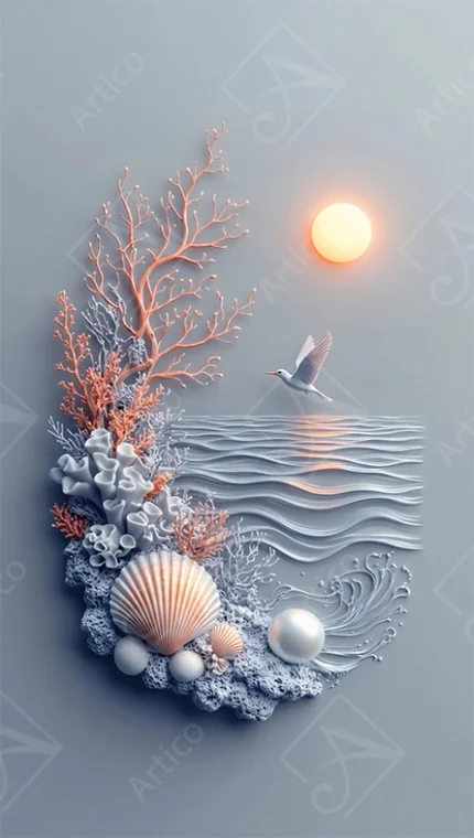Stunning 3D Relief Marine Landscape With Seashells Bird