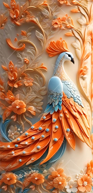 Exquisite 3D Sculpted Orange And Blue Peacock Mural
