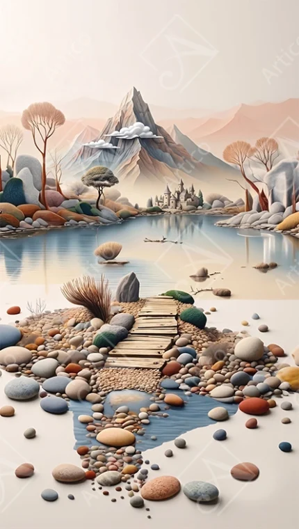Surreal Fantasy Landscape With Wooden Bridge And Mountains