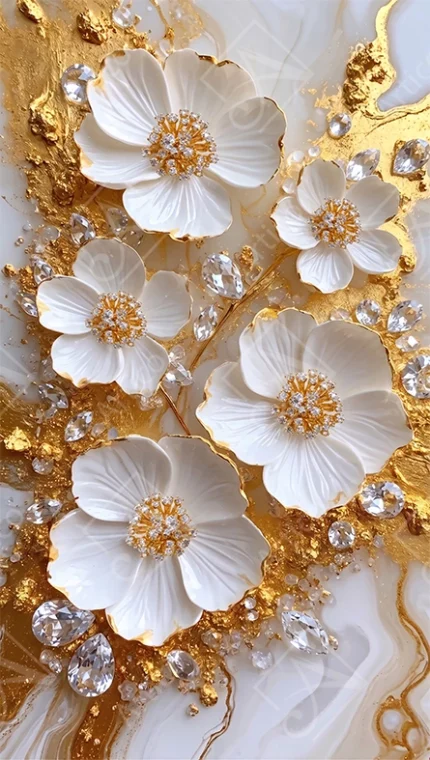 Articoo - Luxurious 3D Sculpted White Flowers With Gold Crystals - 672999
