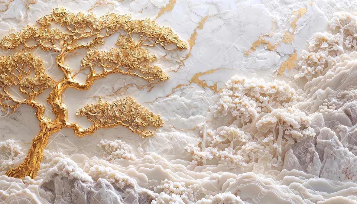 Artico-0996 Majestic 3D Relief Golden Pine Tree Marble Landscape