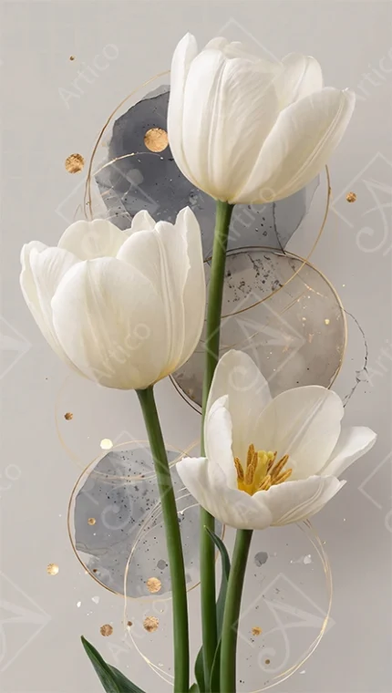 Elegant White Tulips With Abstract Grey Gold Circles