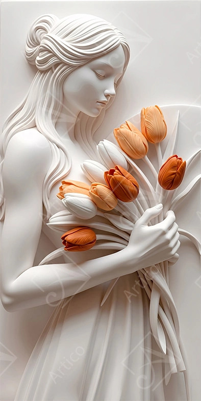 Elegant 3D Relief Sculpture Of Woman Holding Tulips