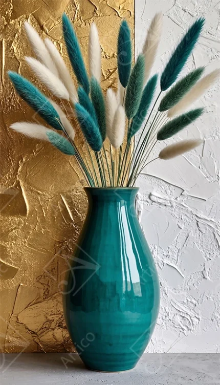 Teal Ceramic Vase With Pampas Grass Gold Background