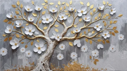 Stunning 3D Relief Golden And White Flower Tree