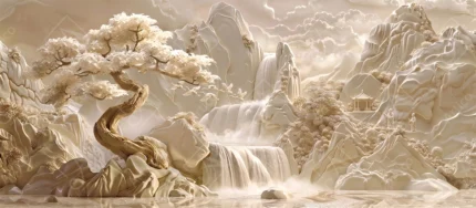 Majestic 3D Relief Asian Landscape With Waterfall Bonsai