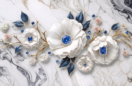 Luxurious 3D Relief White Flowers With Blue Sapphires