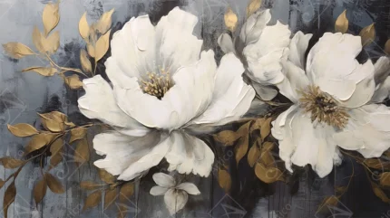 Impasto Textured White Flowers With Gold Leaves Art