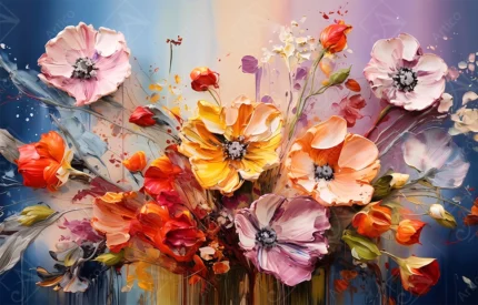 Vibrant Impasto Oil Painting Colorful Floral Bouquet Art