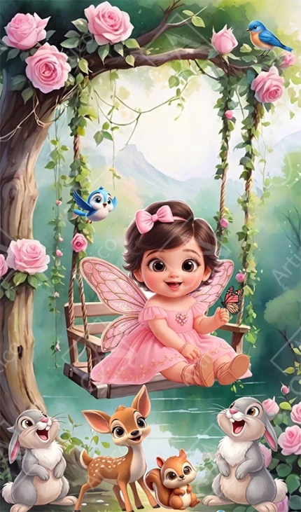 Cute Little Fairy Girl On Swing With Animals