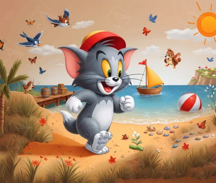 Cute Cartoon Cat Running On Sunny Beach Wallpaper