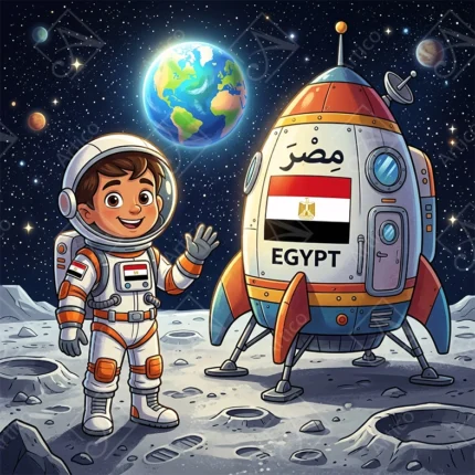 Cute Egyptian Little Astronaut With Space Rocket Art