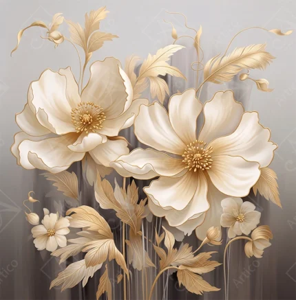Elegant 3D Relief Gold And Cream Flowers Art