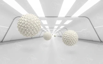 Futuristic White Space Corridor With Floating Geometric Spheres