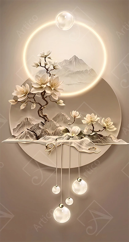 Articoo - Magnolia Tree Mountain Landscape With Glowing Orbs Art - 799191