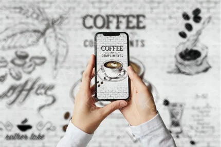 Hands holding smartphone displaying coffee shop theme with vintage background illustrations