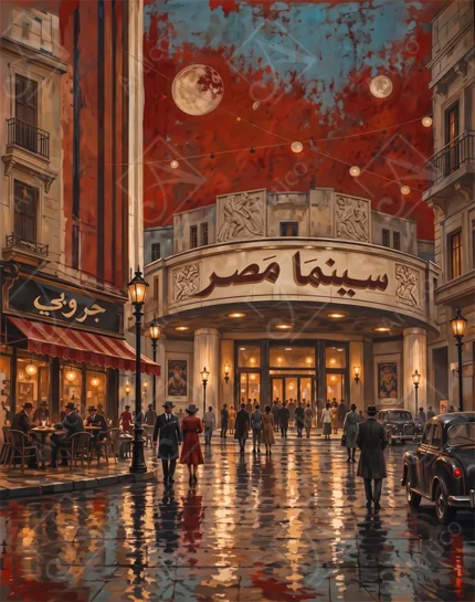 Vintage Cairo street scene with cinema building classic cars and people