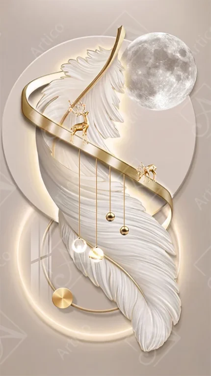 3D abstract feather artwork with gold deer moon and hanging ornaments