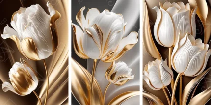 Modern white 3D tulip flowers with gold accents in frame set