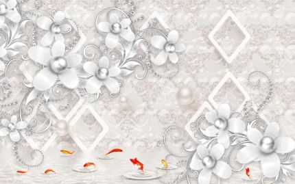 Articoo - Luxury 3D White Flowers Pearls And Gold Fishes - 841713