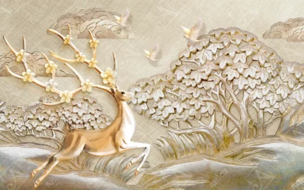 Luxury 3D Relief Golden Deer And Trees Art