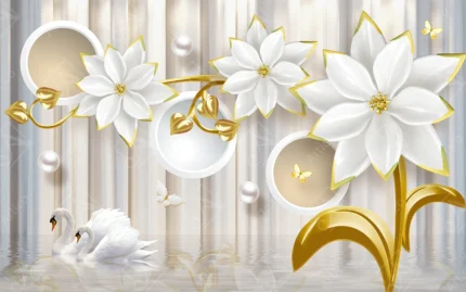 Articoo - Luxury 3D White And Gold Flowers Swans Art - 849889