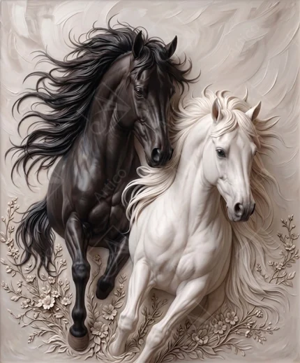 Luxury 3D Relief Black And White Horses Art
