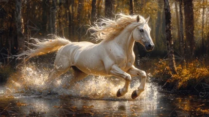 Majestic White Horse Running Through Forest River Water