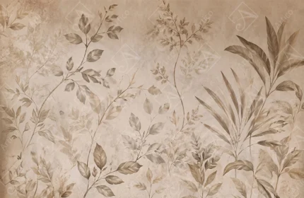 Vintage Botanical Leaves Sketch Beige Wall Art Mural