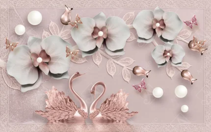 Articoo - Rose Gold Orchids And Swans With Pearls Art - 249289