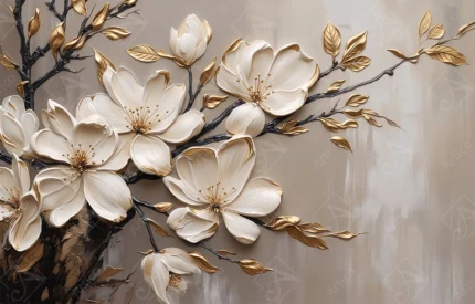 Articoo - White Cherry Blossoms Tree Branch With Gold Leaves - 837562