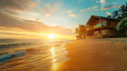 Articoo - Beach House At Sunset With Golden Sand Ocean - 957539