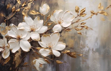 Articoo - A branch of a white cherry blossom tree with golden leaves on an abstract background - 827762