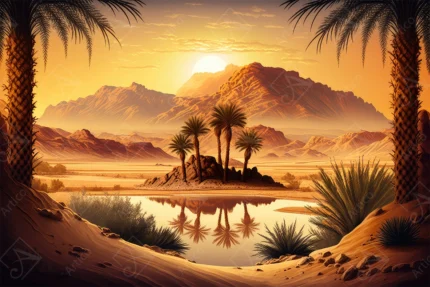 Articoo - Desert Oasis Sunset With Palm Trees And Mountains - 918361