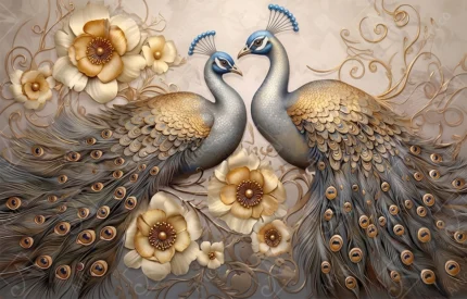 Articoo - Peacocks And Gold Flowers With Feathers Art - 589343