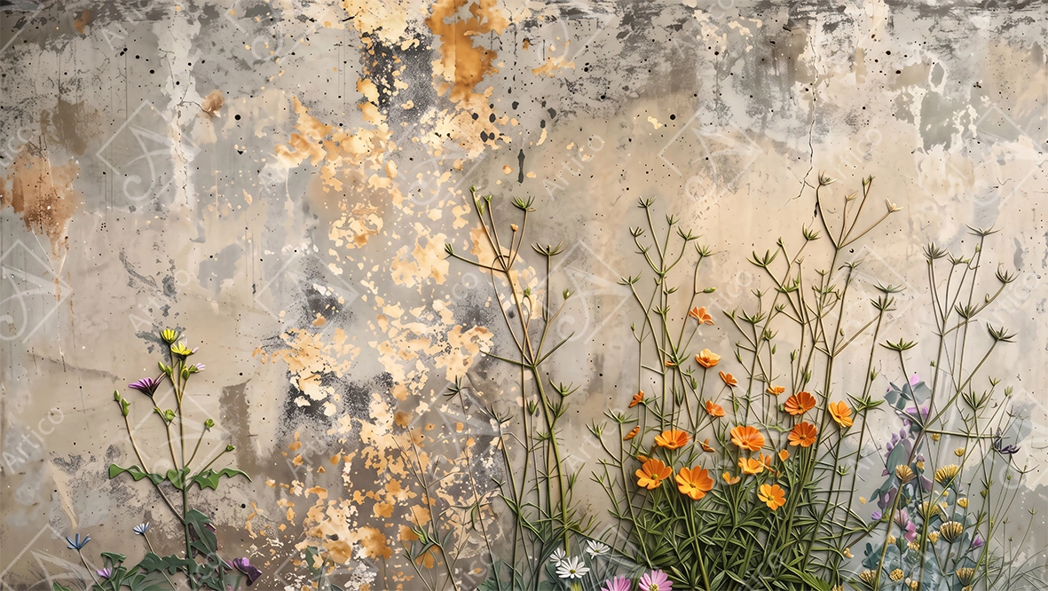 Articoo - Wildflowers On Grungy Concrete Wall Background Art - 548918