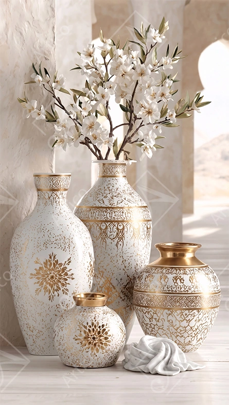 Articoo - Ornamental White And Gold Ceramic Vases With Blossoms - 118322