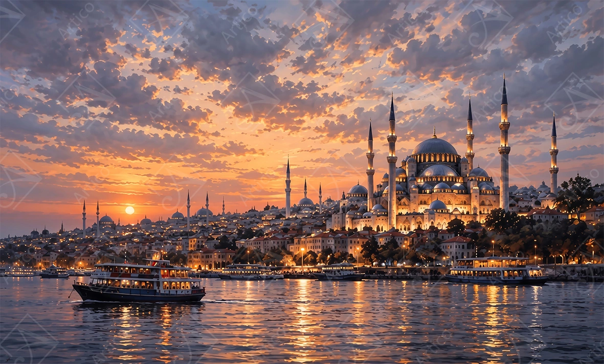 Articoo - Istanbul Skyline At Sunset With Bosphorus Boats - 997335