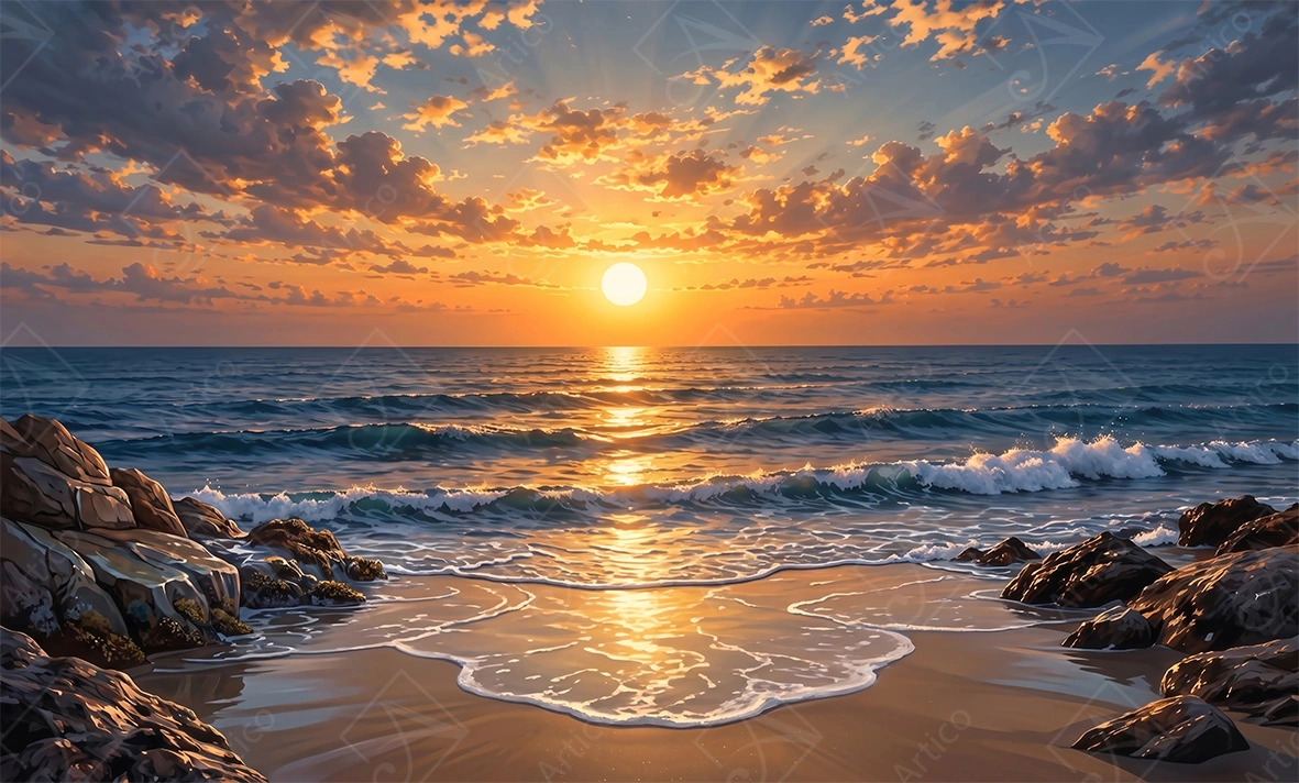 Articoo - Golden Sunset Ocean Waves And Rocks Beach Art - 662146