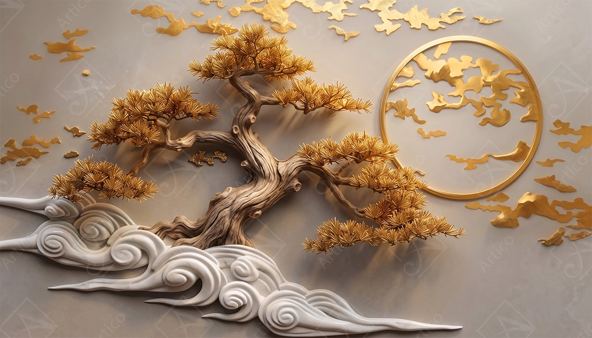 Articoo - Golden Pine Bonsai Tree With Waves And Moon - 439134