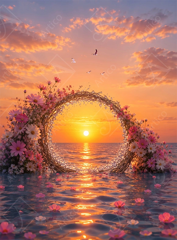 Articoo - Floral Wreath Arch Over Ocean At Sunset Art - 261352