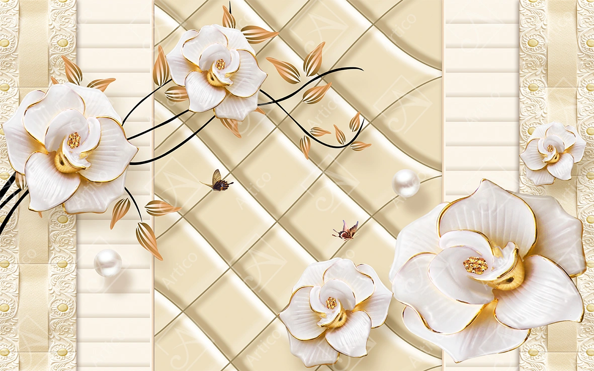 Articoo - White And Gold Roses Quilted Panel Wallpaper Art - 647586