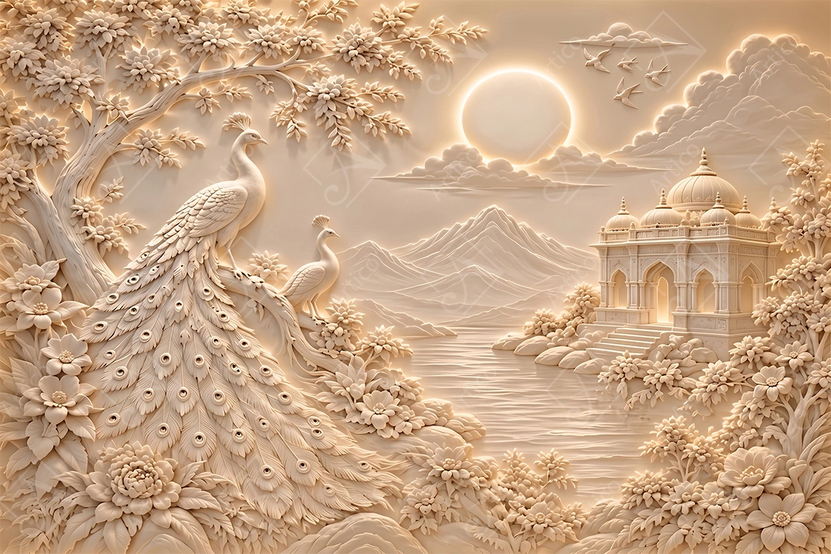 Articoo - Carved Relief Peacocks Palace And Landscape Wall Art - 276277