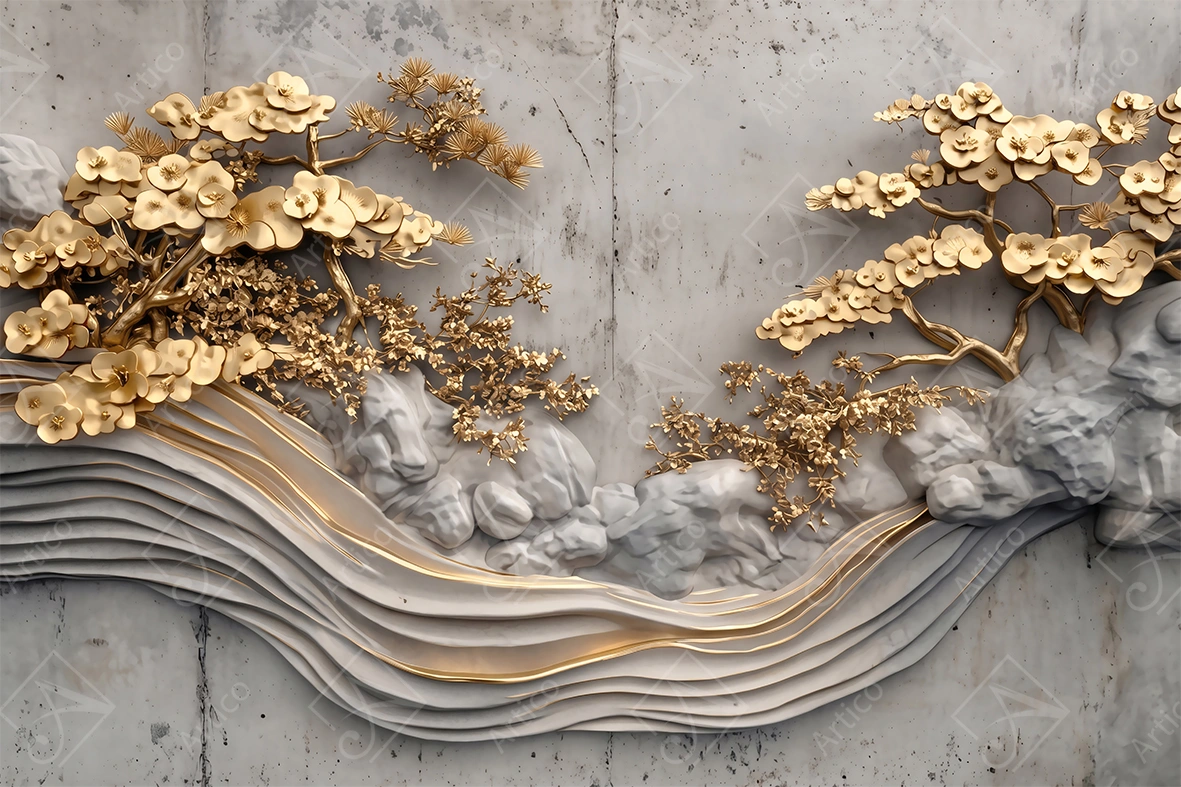 Articoo - Golden Blossoming Trees And Wavy Rock Landscape Art - 738799