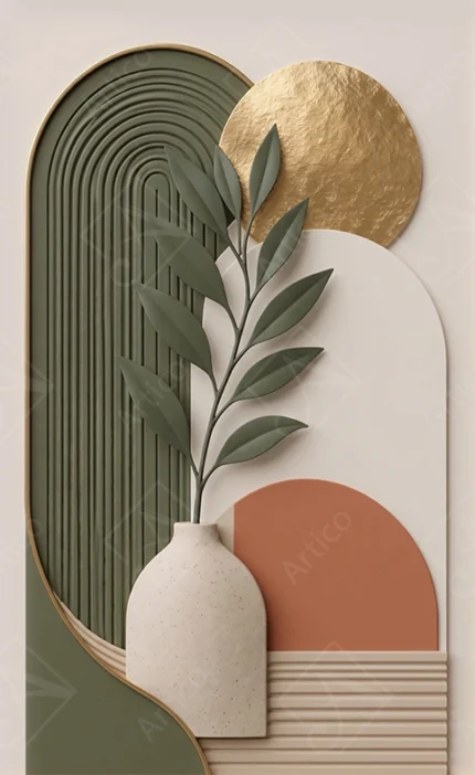 Articoo - Abstract Minimalist Vase With Green Leaves Geometric Shapes - 497392