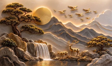 Golden landscape with waterfall deer bonsai trees and flying birds